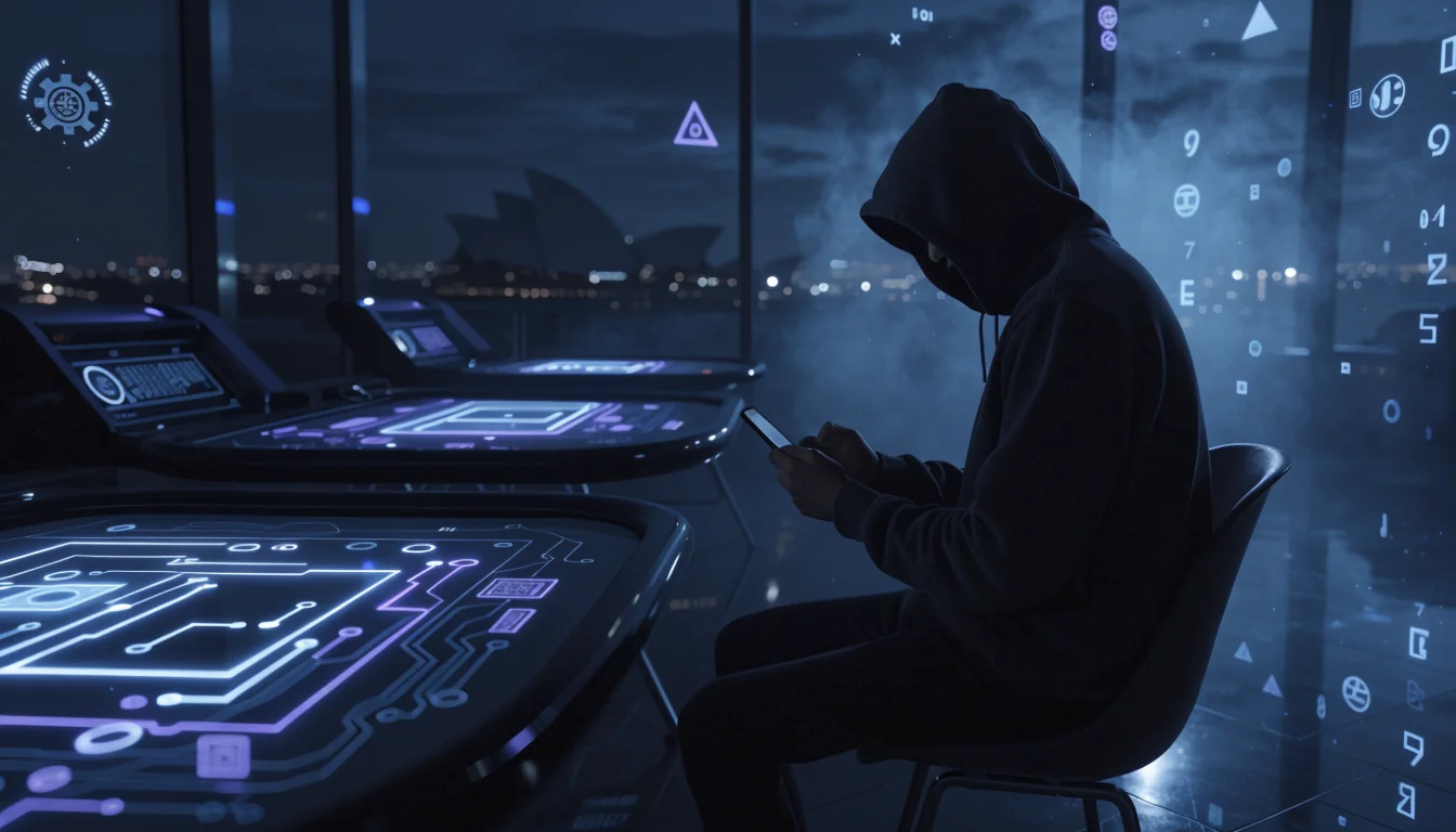 Futuristic anonymous crypto casino interior in Australia at night
