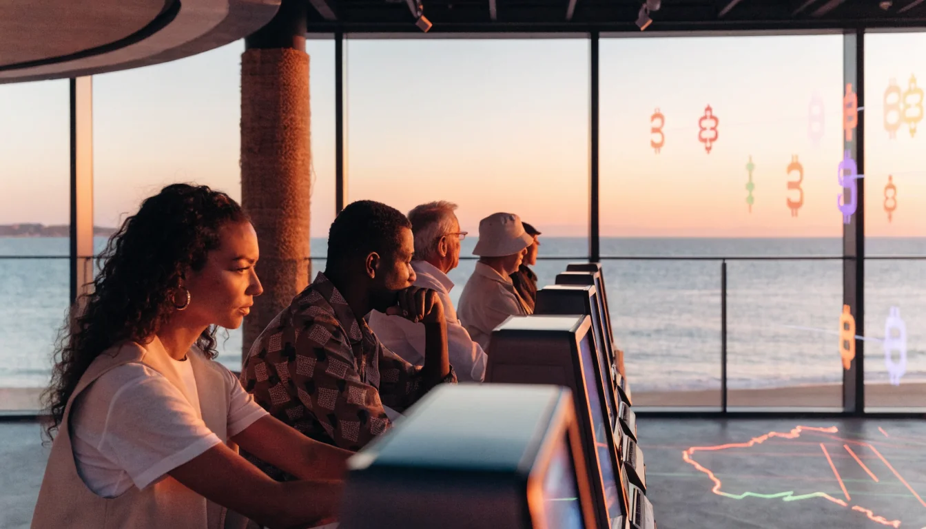 Australian beach casino lounge with crypto-themed ambience at sunset