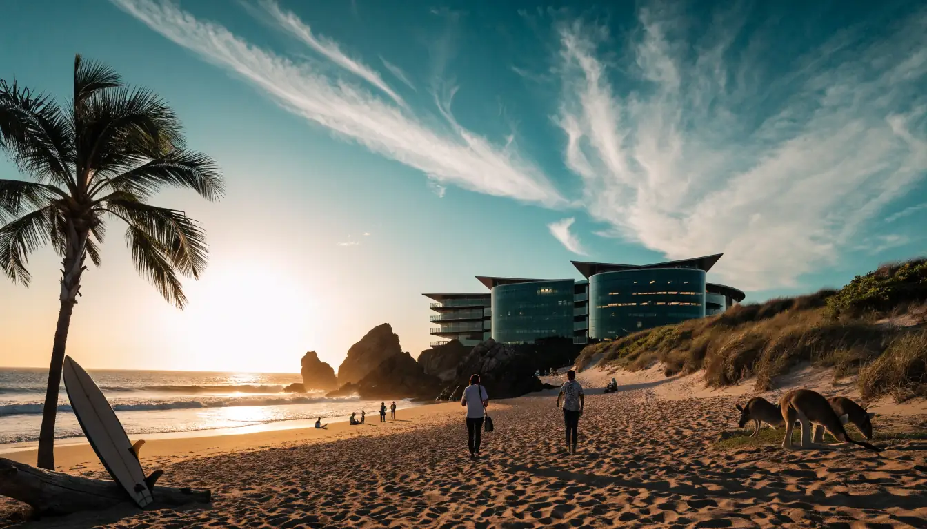 Australian beach resort with casino, sunset, palm tree, kangaroos