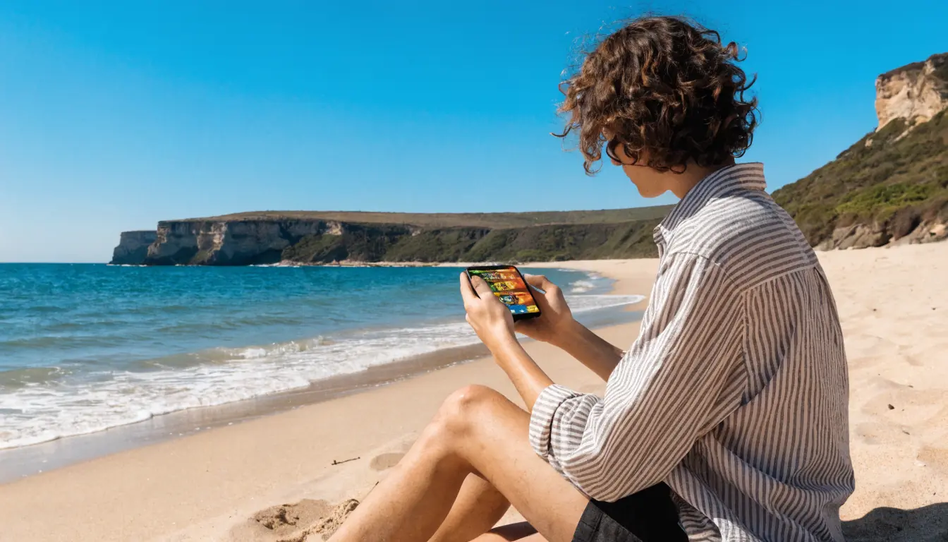 Australian beach user playing casino game on phone