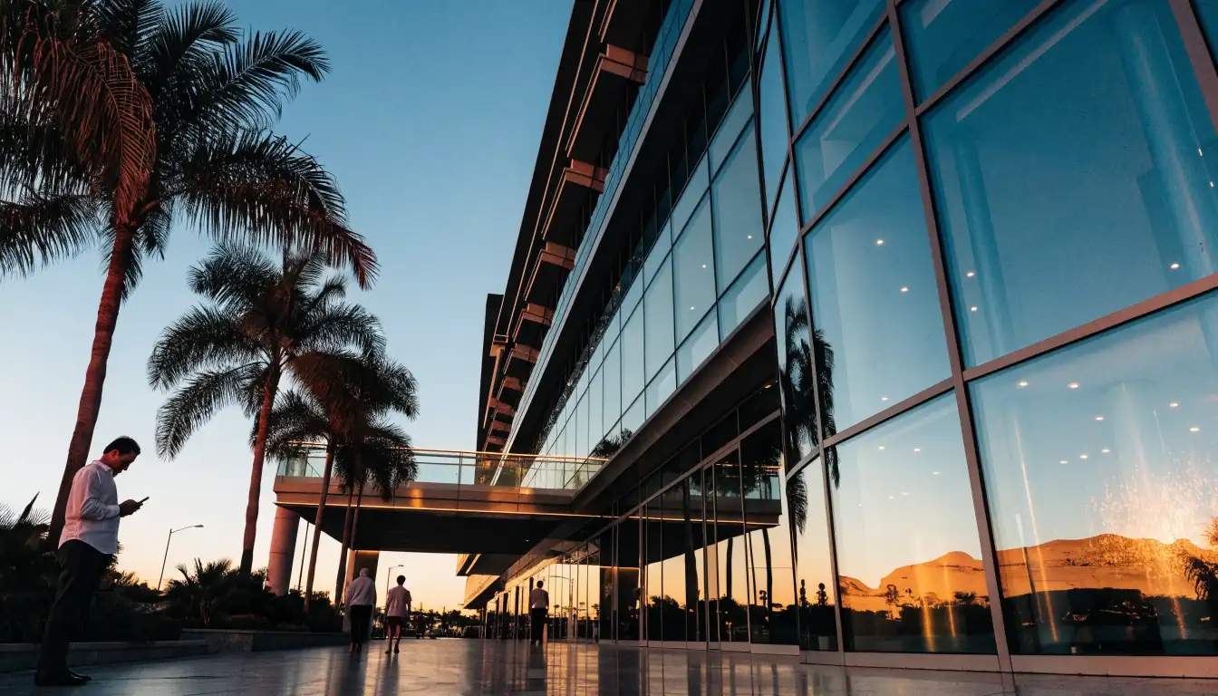 Modern Perth casino exterior at sunset with glass facade and palm trees