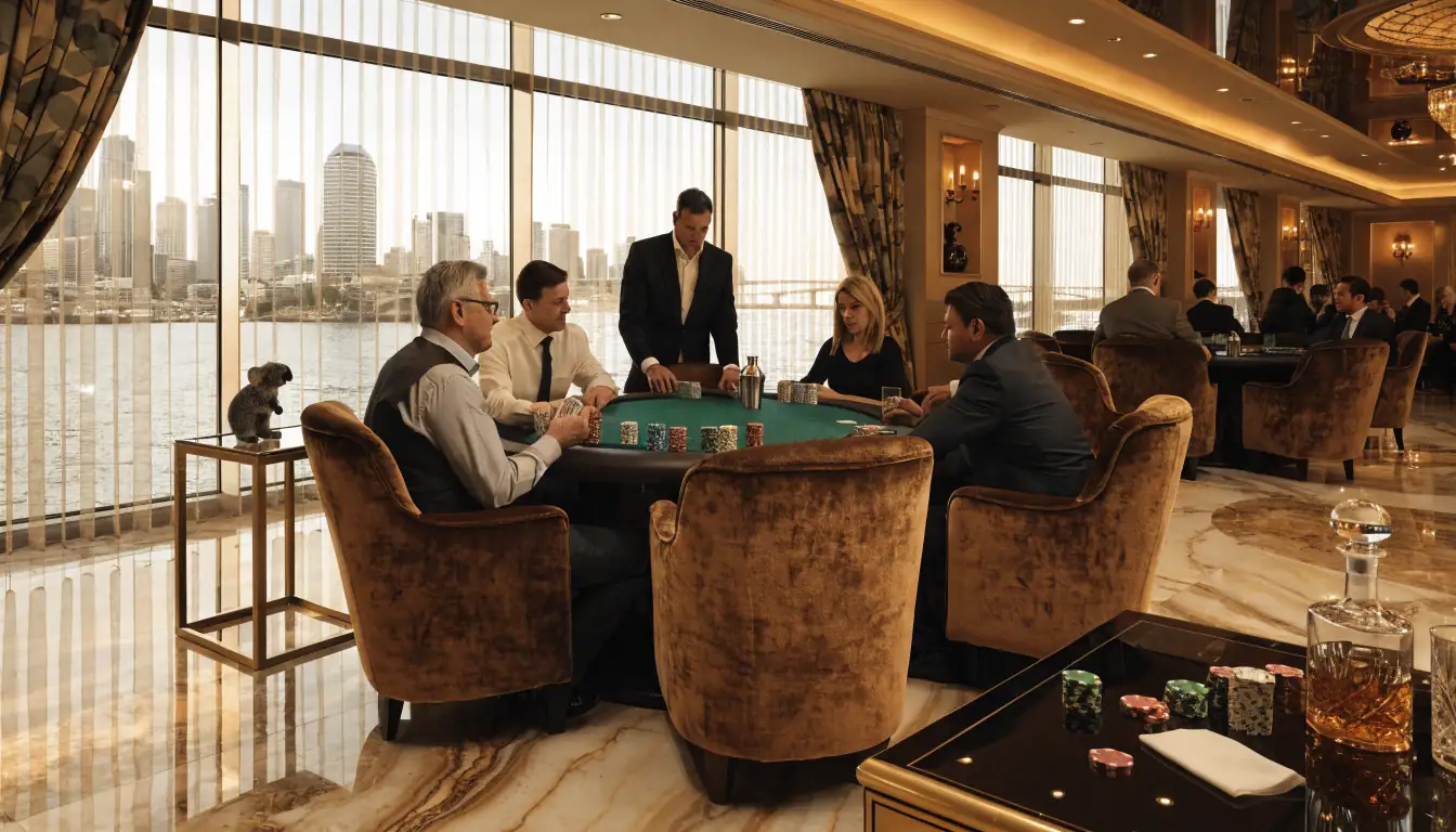 Luxurious Australian casino lounge with golden lighting and Sydney harbour view