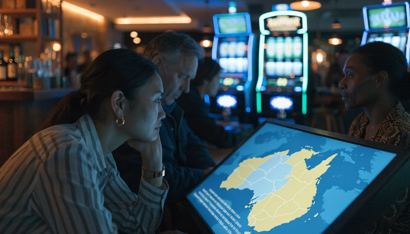 Neon-lit Australian pub with slot machines and a legal disclaimer screen