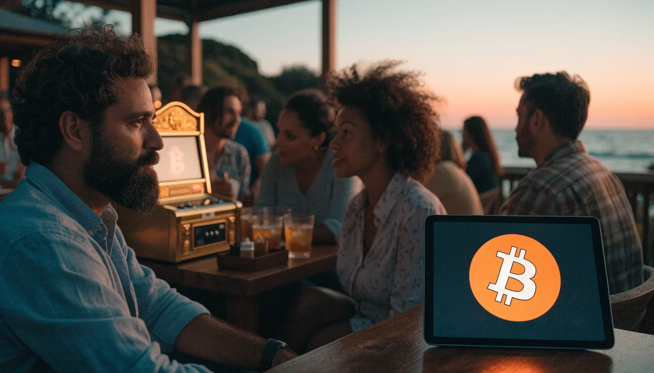 Australian beach bar with Bitcoin tablet and pokie machine at sunset