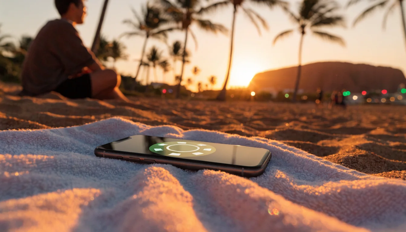 Smartphone on beach showing casino bonus icon at sunset