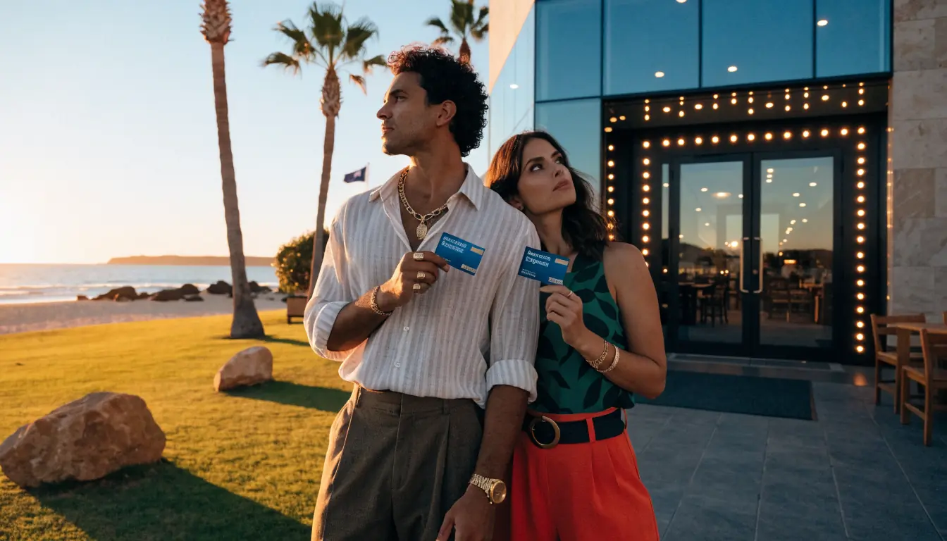 Australian beach casino sunset with couple and Amex card
