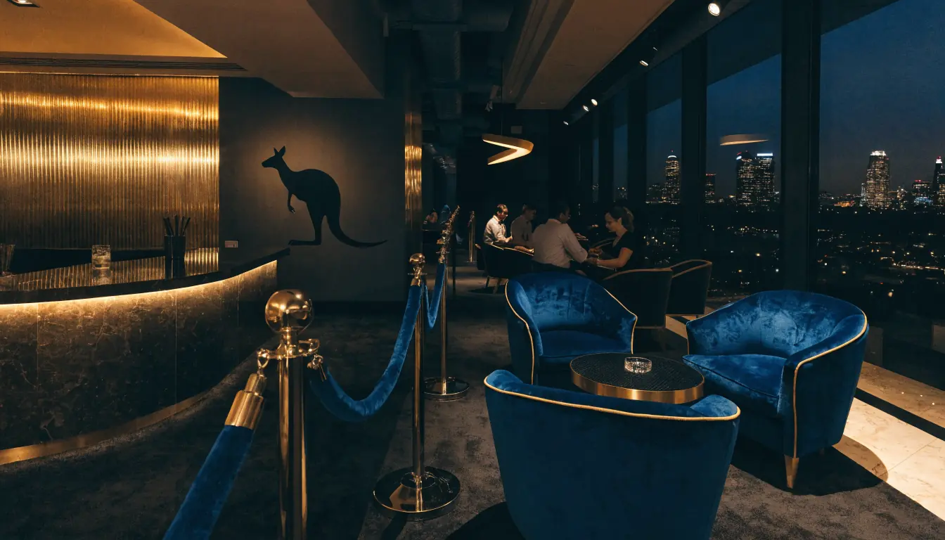 Luxurious Australian casino lounge with VIP area and Sydney skyline