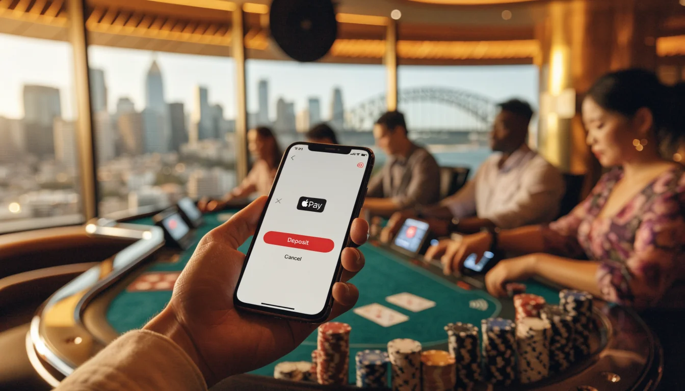 Australian casino interior with Apple Pay terminals and Sydney skyline view