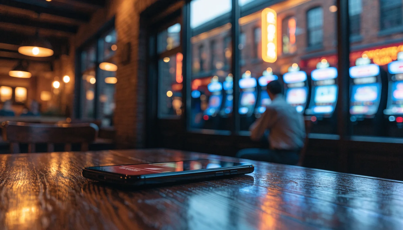 Smartphone showing casino game near Australian bar with poker machines.