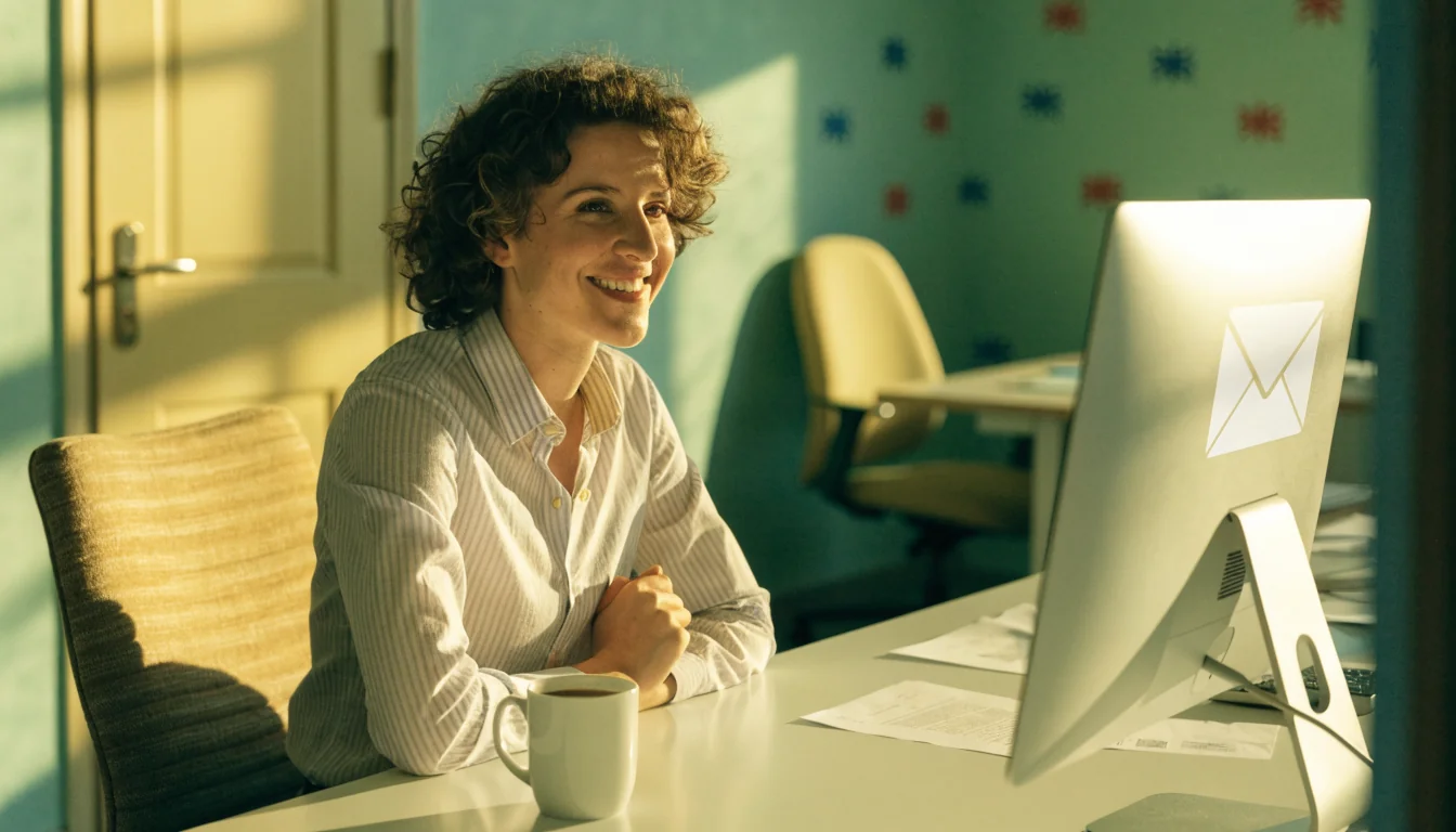 Friendly Australian office reception with coffee and email icon