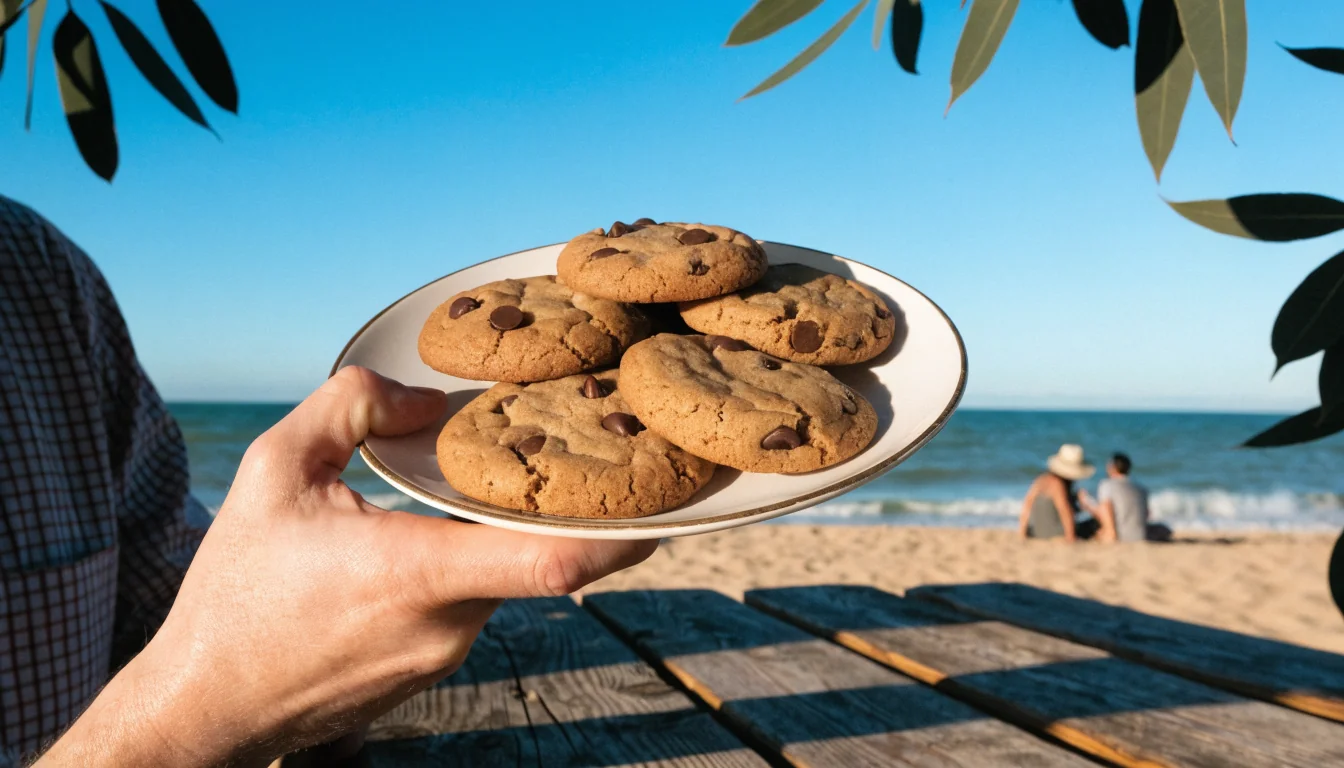 Hand with phone showing cookie consent on Australian beach