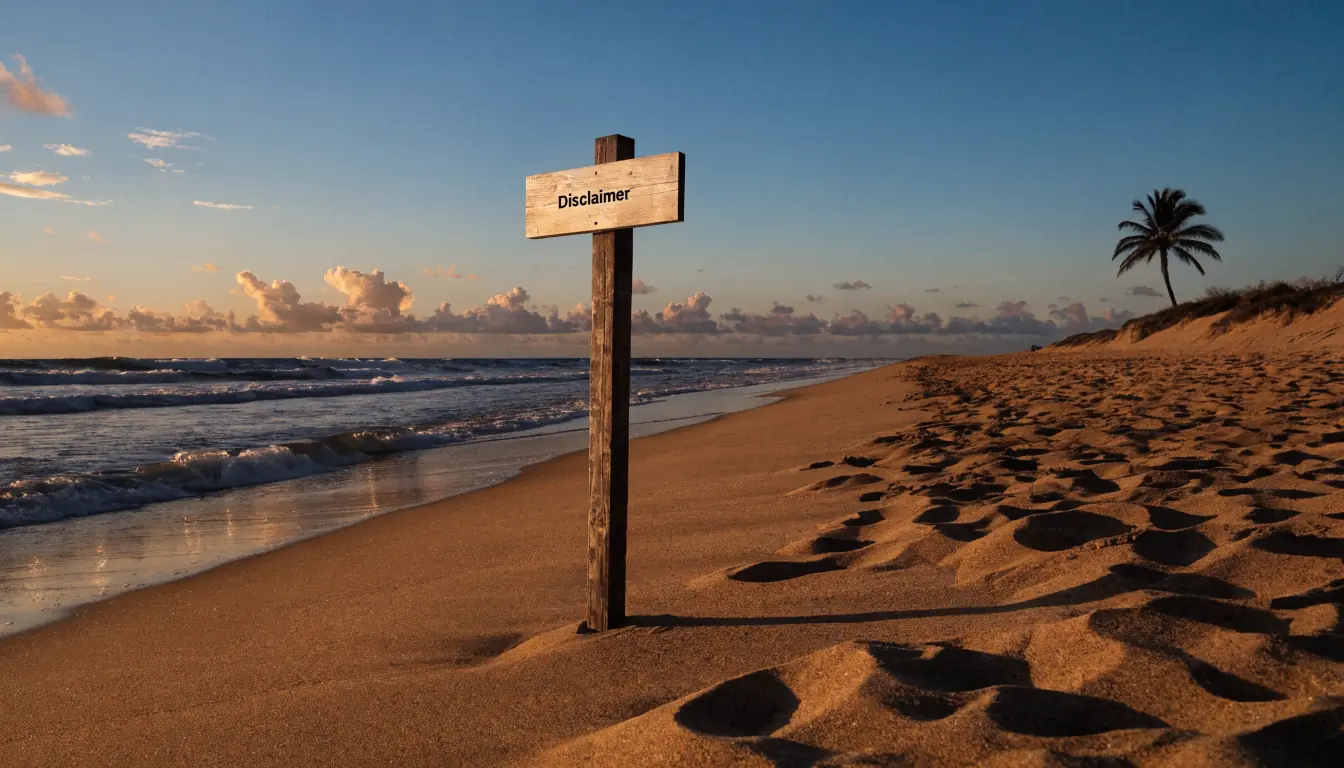 Australian beach with disclaimer sign at sunset