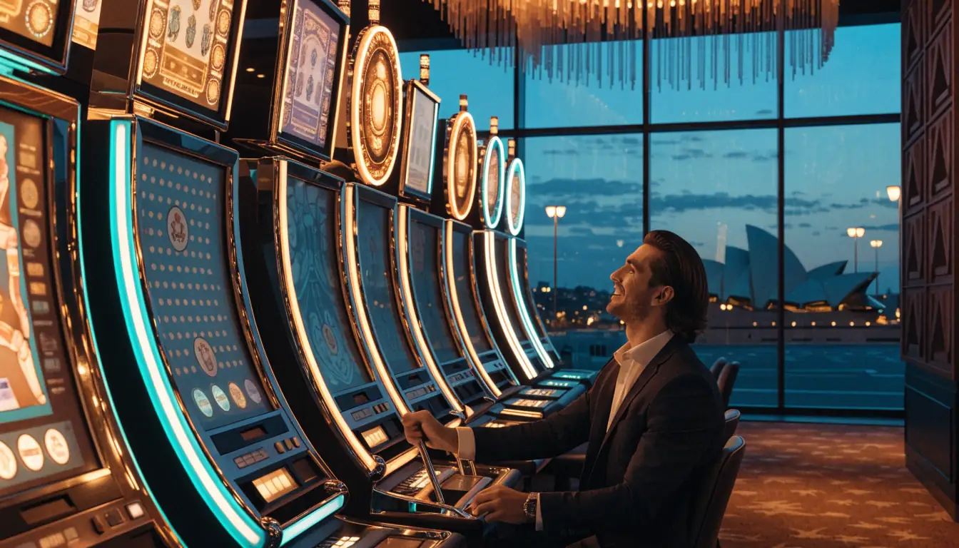 Australian casino interior with neon slot machines at dusk
