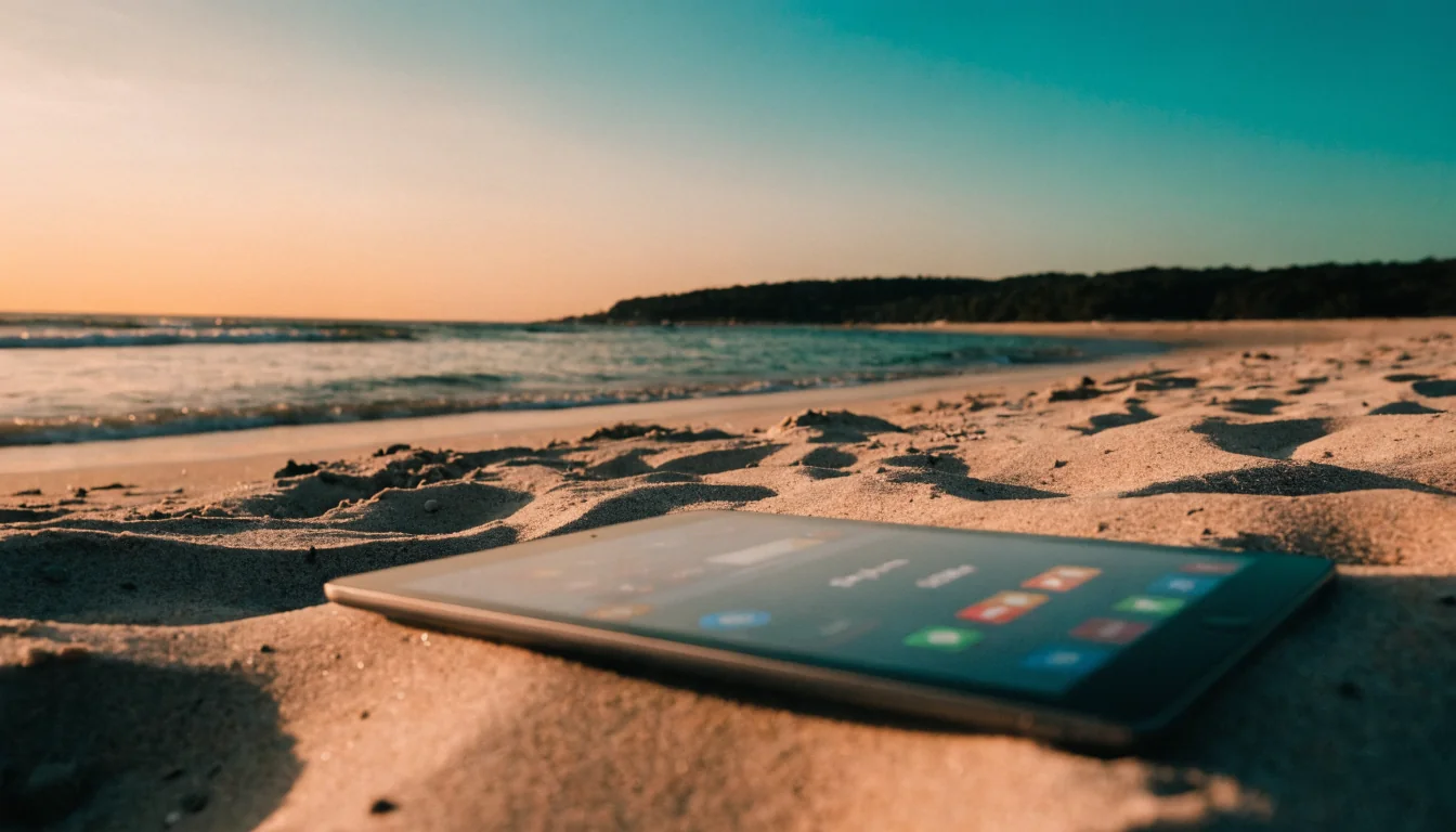 iPad on Australian beach at sunset with casino game screen
