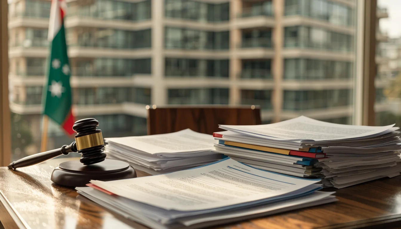 Australian office desk with legal documents and gavel