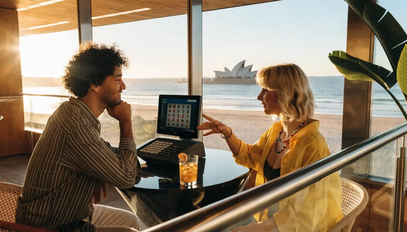 Australian casino scene with beach and opera house view