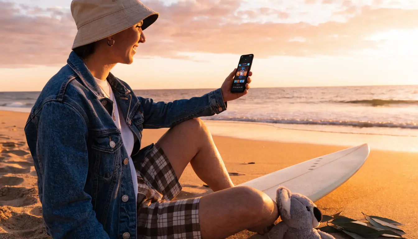 Young adult on Australian beach holding phone with casino game UI