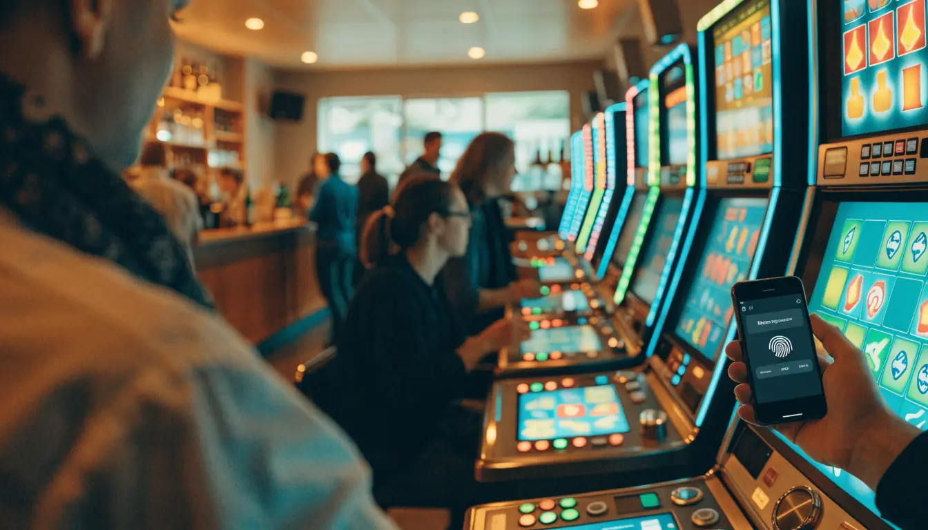 Australian pub interior with pokies and a hand using an e‑wallet smartphone.