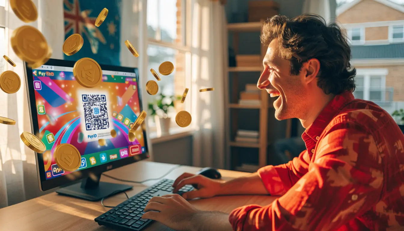 Australian player at computer with glowing pokies bonuses