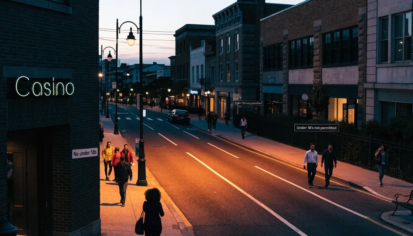 Australian street with discreet gambling age restriction signs at dusk