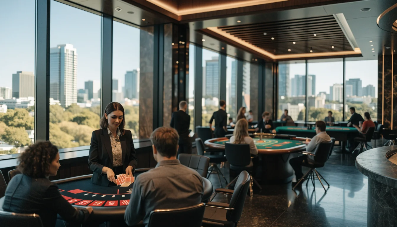 Australian casino interior with table games and city view