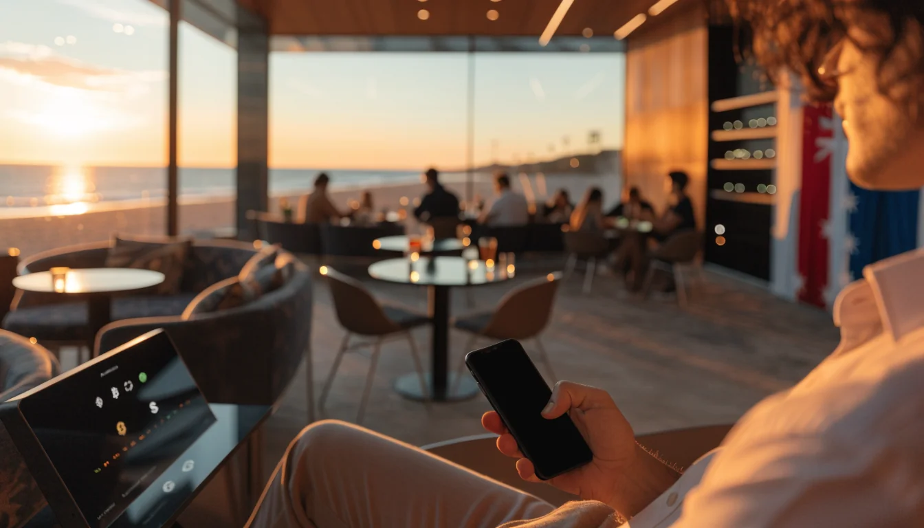 Australian beachfront casino lounge at sunset with crypto terminal