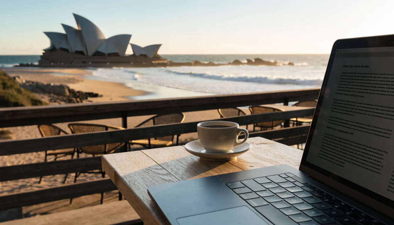 Australian beach cafe with laptop showing terms page