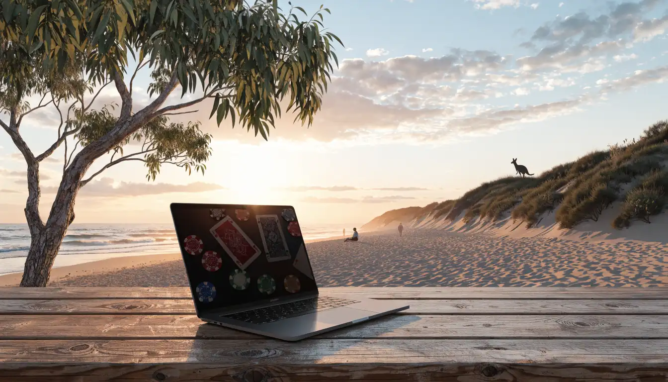 Laptop with casino items on Australian beach at sunset